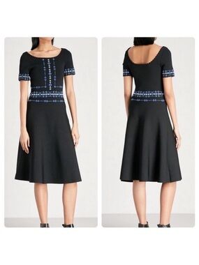 Sandro Black Knit Embroidered Dress with Scalloped Neckline Size 36